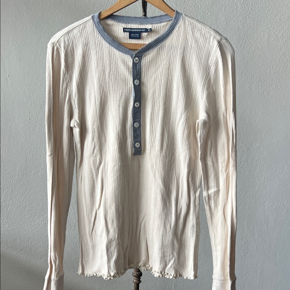 Ralph Lauren Cream Ribbed Long-Sleeve Henley with Blue Trim